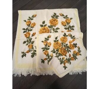 Vintage Fashion Manor Yellow Rose Towel Set 3pc Cotton Fringe Floral Retro 70s